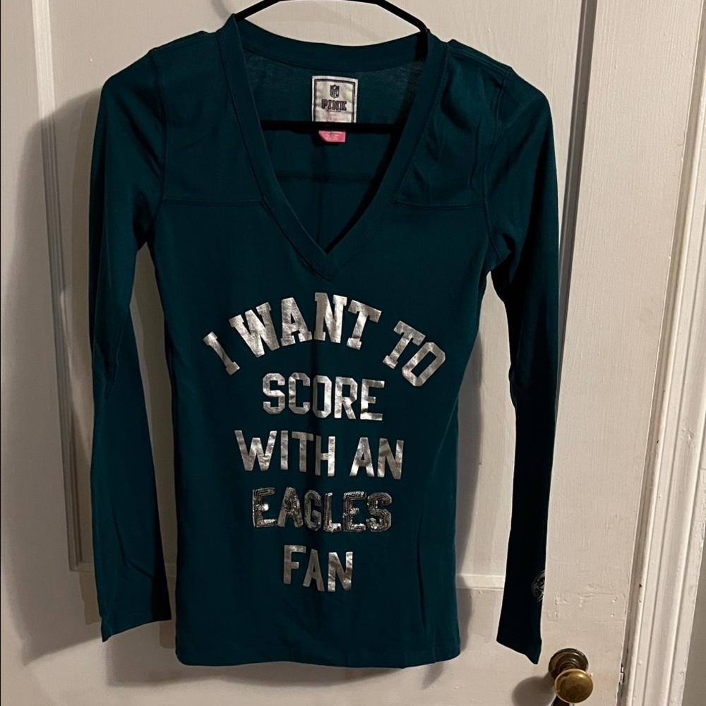PINK Victoria's Secret Teal Long Sleeve Tee with Silver Print